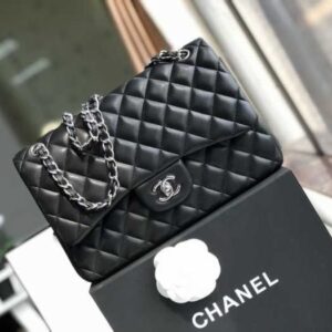 Chanel Classic Double Flap 30 Shoulder Bag Black Silver Hardware