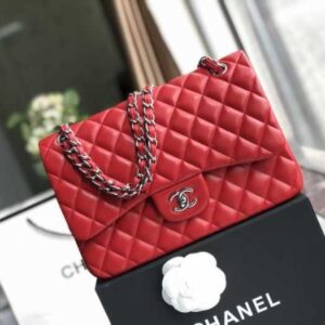 Chanel Classic Double Flap 30 Shoulder Bag Red Silver Hardware