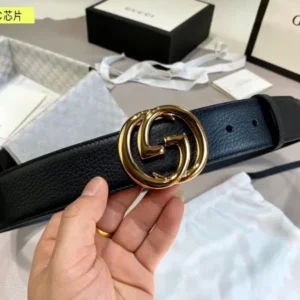 Black Leather Wide Belt With Double G