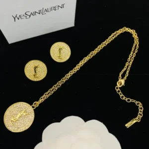 YSL Elegance Style Logo Pendant Necklace & Earring Set