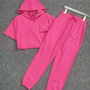 Women Tracksuit Double Pocket Hoodie Short Sleeve T-Shirt Elastic-Waist With Pant