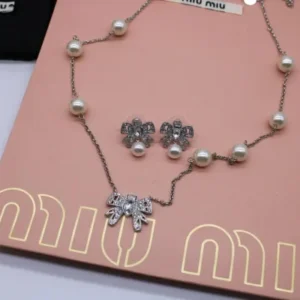 Miu Miu Silver Pearl Pendant Necklace & Earring