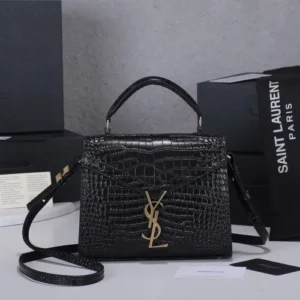 Saint Laurent Navy Crocodile-Embossed Mini Cassandra Top Handle Bag