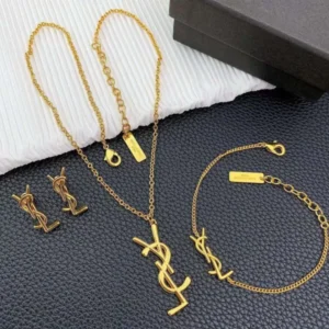 Vintage Gold Tone YSL Logo Necklace Set