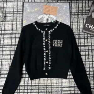 MIU MIU Plain Cardigan Sweater With Pearls & Button
