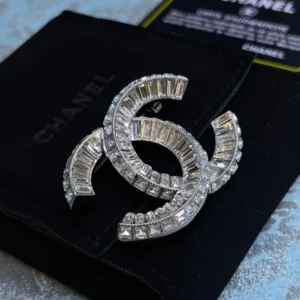 Chanel White Diamanté Crystal Logo Brooch
