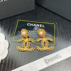 Chanel Metal Pearl CC Chain Drop Earrings Gold
