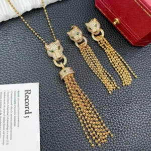 Panthere De Cartier Crystals Drop Tassel Earrings & Necklace