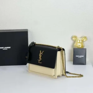 Saint Laurent Monogram Mini White & Black Leather Bag With Golden Chain