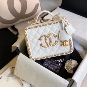 Chanel Filigree Vanity Case Quilted Caviar Gold – White